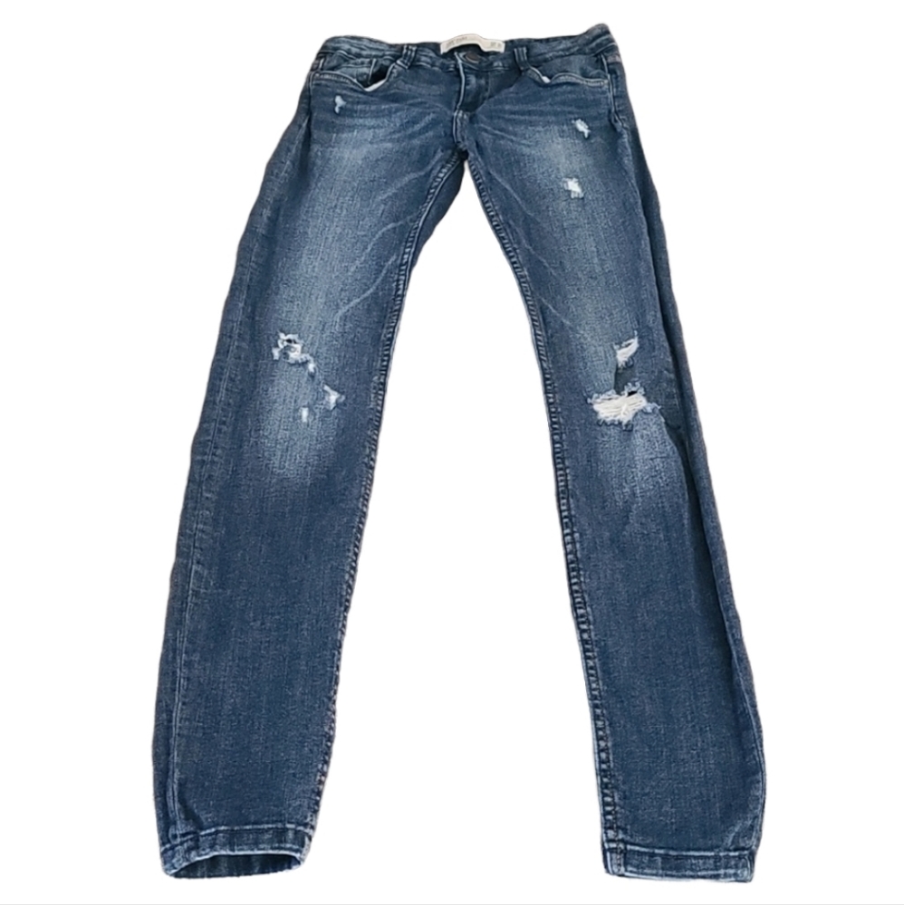 ZARA Trafaluc Distressed Skinny Jeans XS 2 Dark Wash Stretch Ripped Denim Y2K - Picture 3 of 16